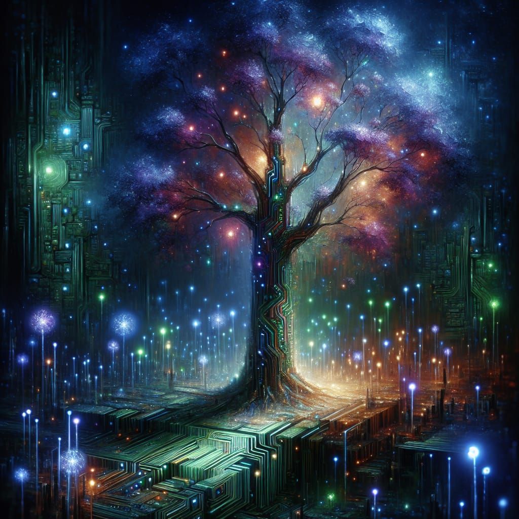 Magical Circuit Board Tree in Symbolist Oil Painting