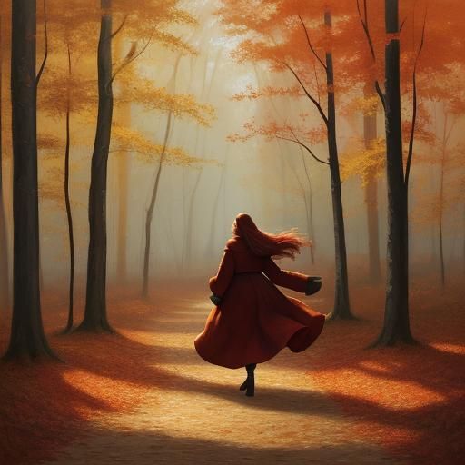 Woman Kicking Autumn Leaves: Impressionist Oil Painting