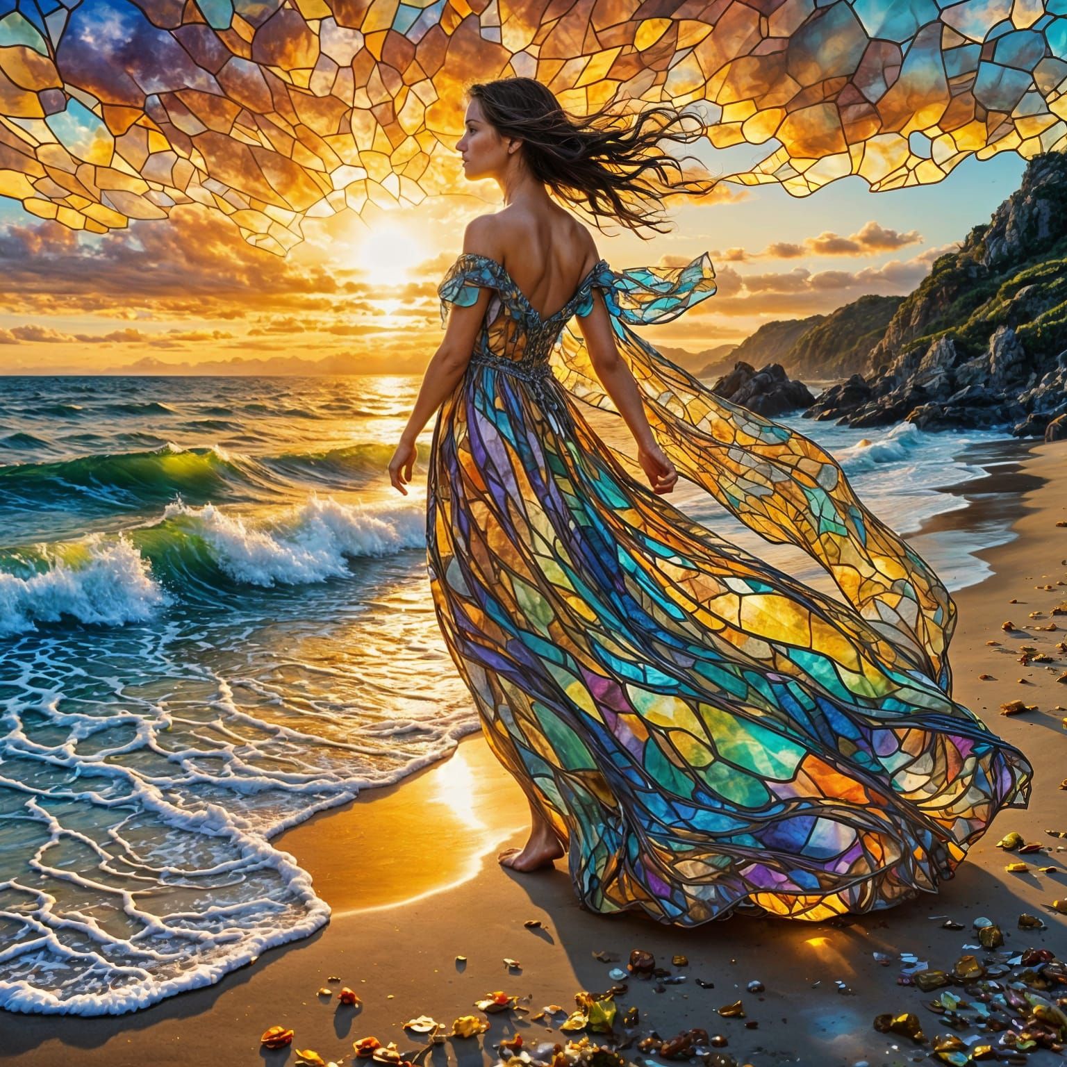 Stained Glass Beauty Walks the Beach at Sunset