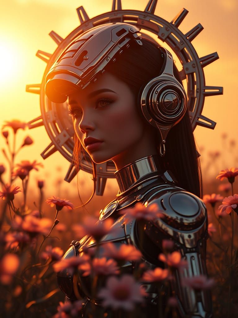 A Futuristic Girl Stands Amidst Bright Flowers and a Radiant...