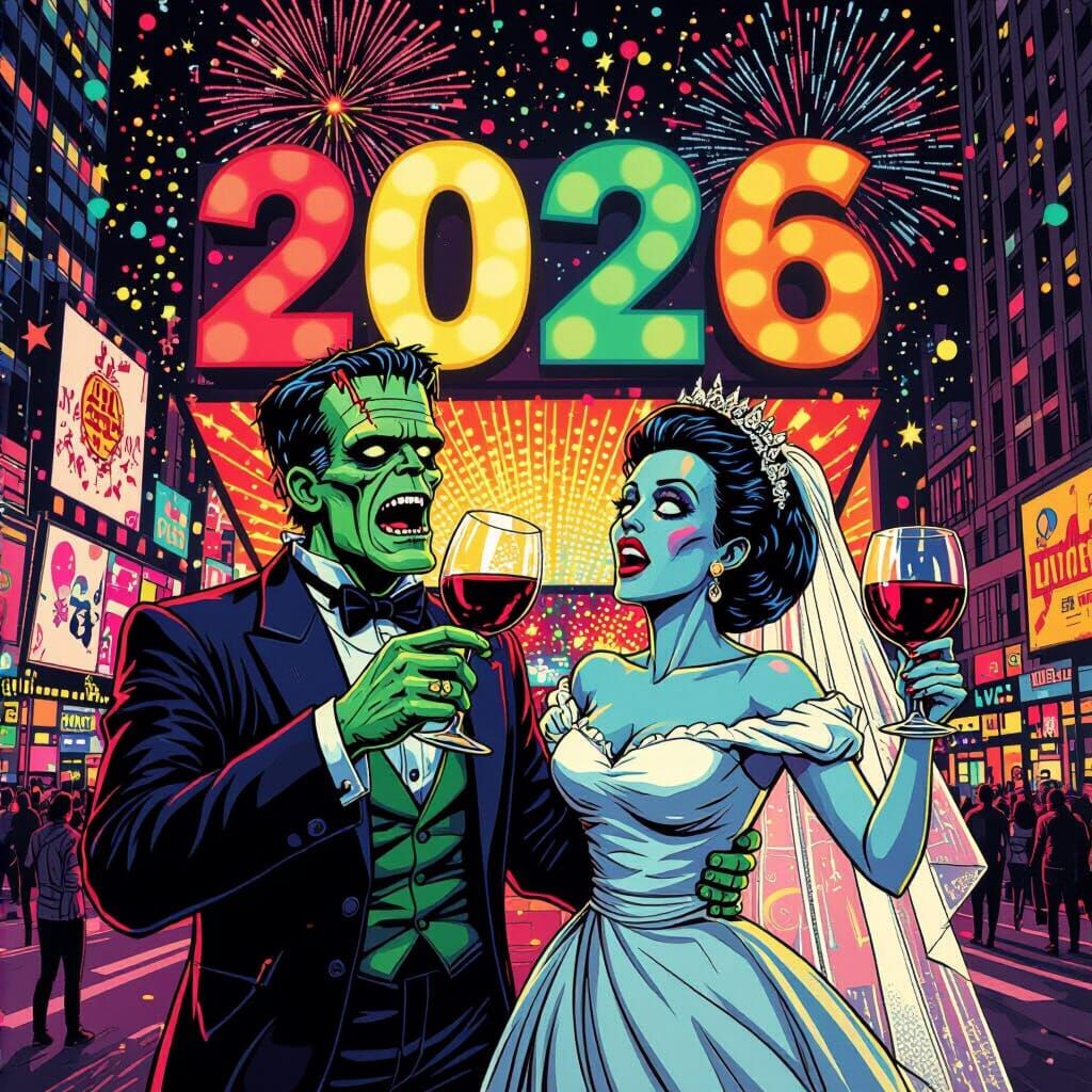 Dancing Frankenstein Couple Celebrate 2026 in Pop Art Style
