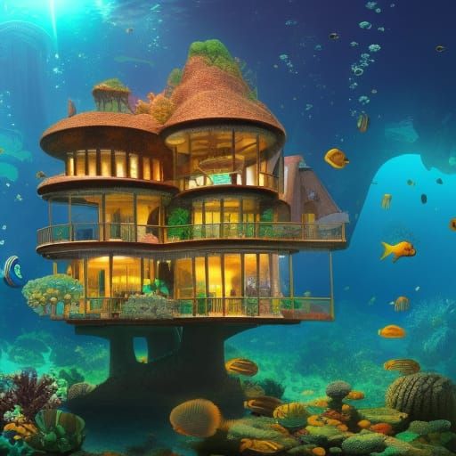 Underwater Treehouse Mansion in Coral Reef: Digital Matte Pa...