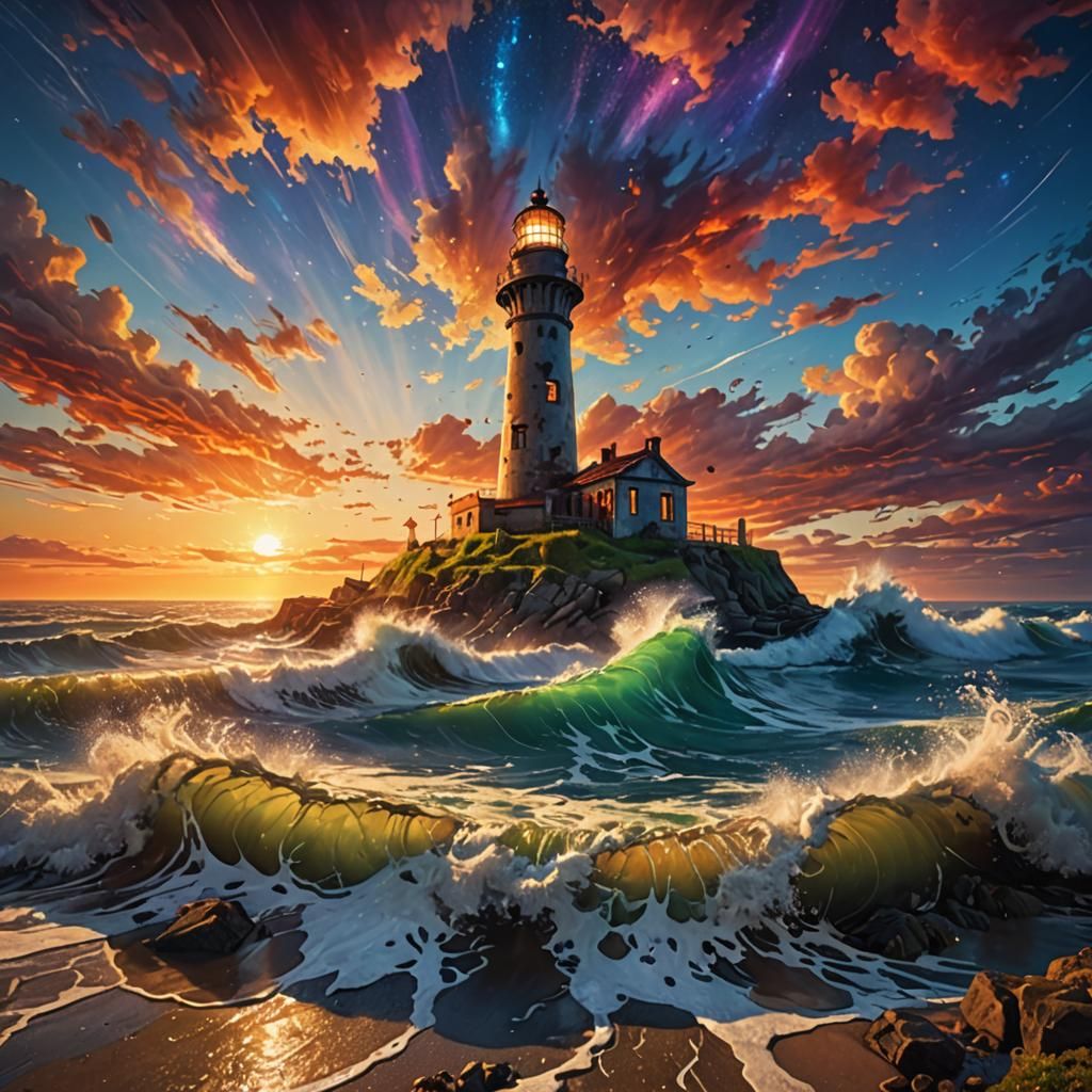 Majestic Waves Crash Against Old Lighthouse at Sunset