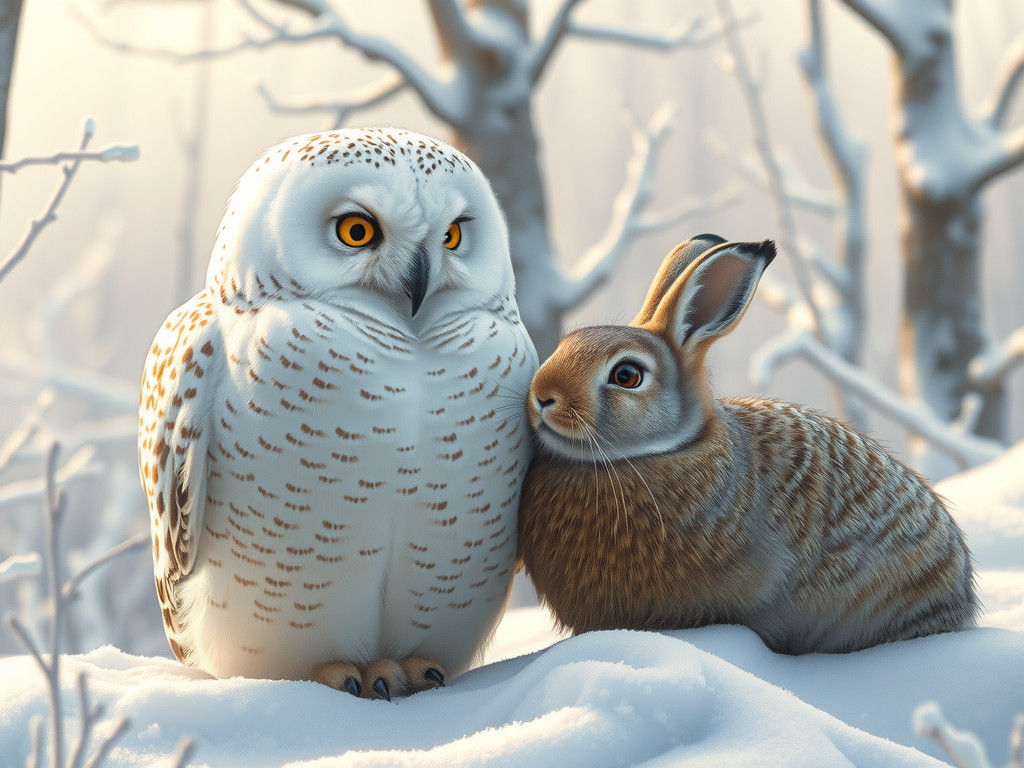 Snowy Owl and Hare in Winter Landscape