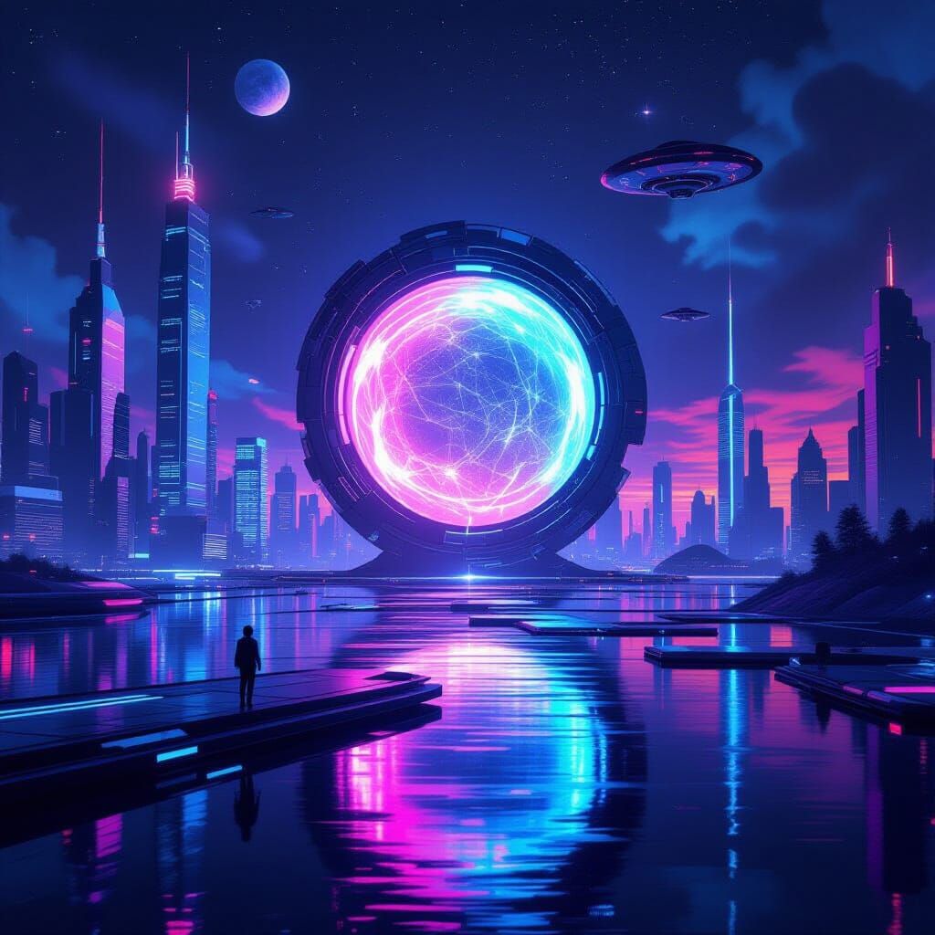 Futuristic Cityscape with Floating Architecture & Time Porta...