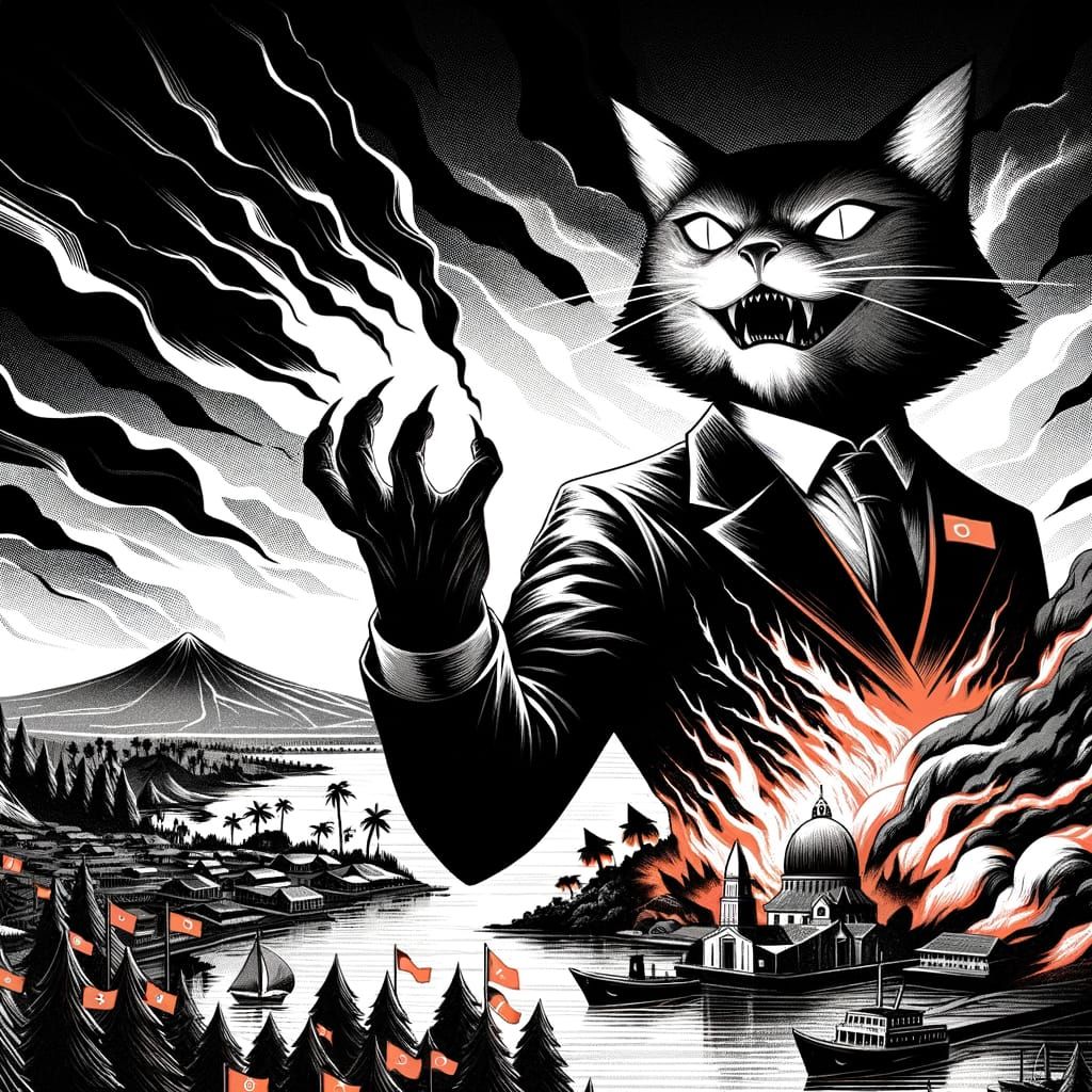 Menacing Anthropomorphic Cat in Corrupt Landscape