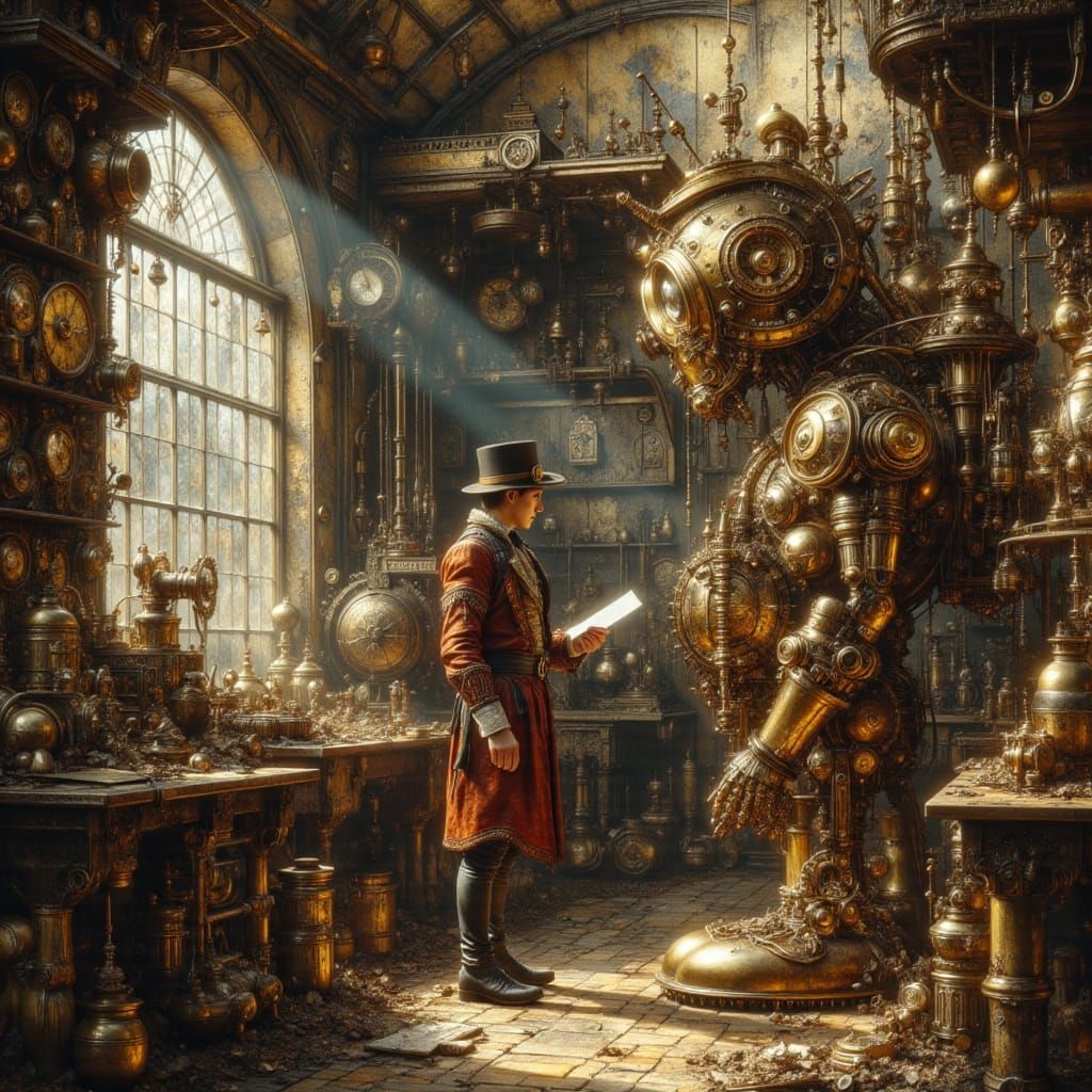Steampunk Inventor in Chaotic Workshop Digital Matte Paintin...