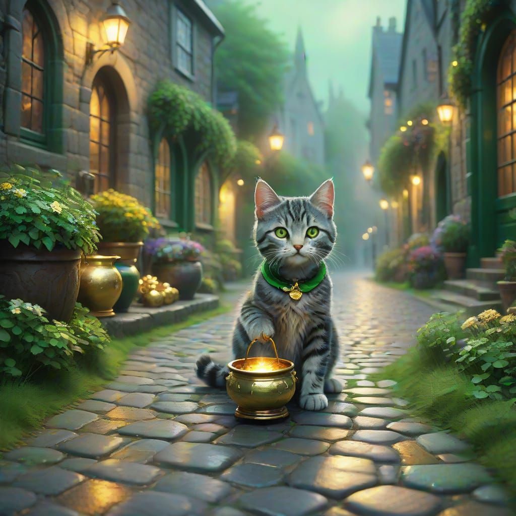 Whimsical Gray Tabby Leprechaun Kitten in Emerald Paradise