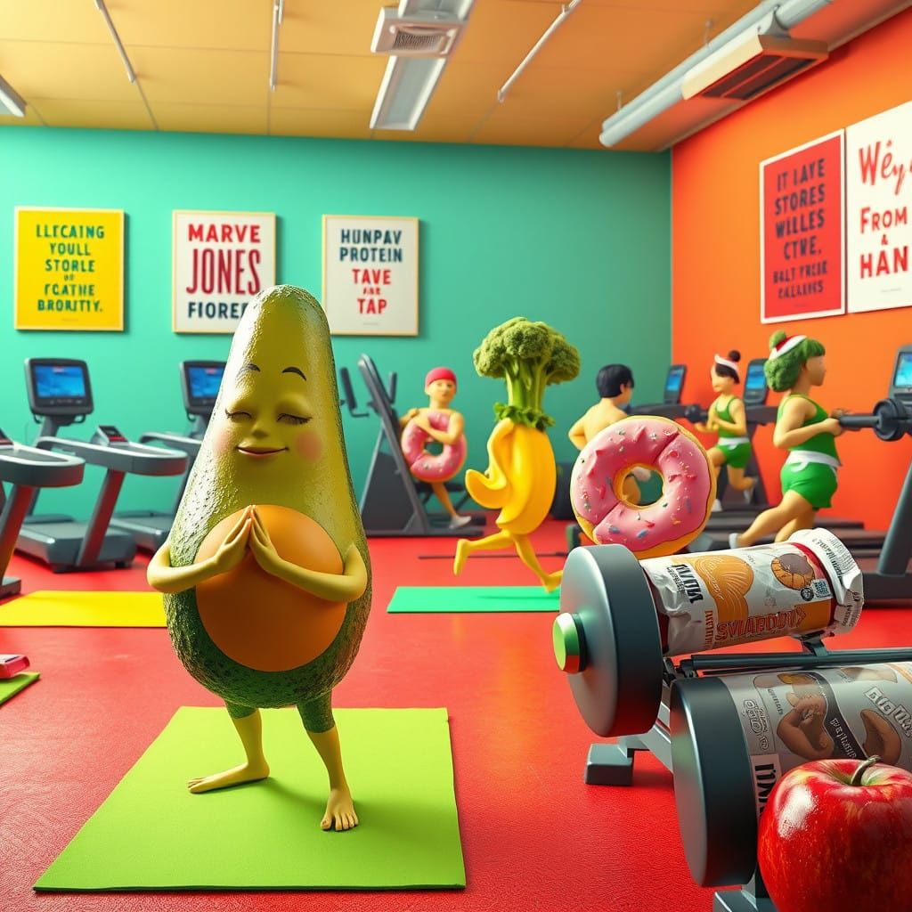 Fantastical Fitness Scene with Anthropomorphic Food in Vibra...