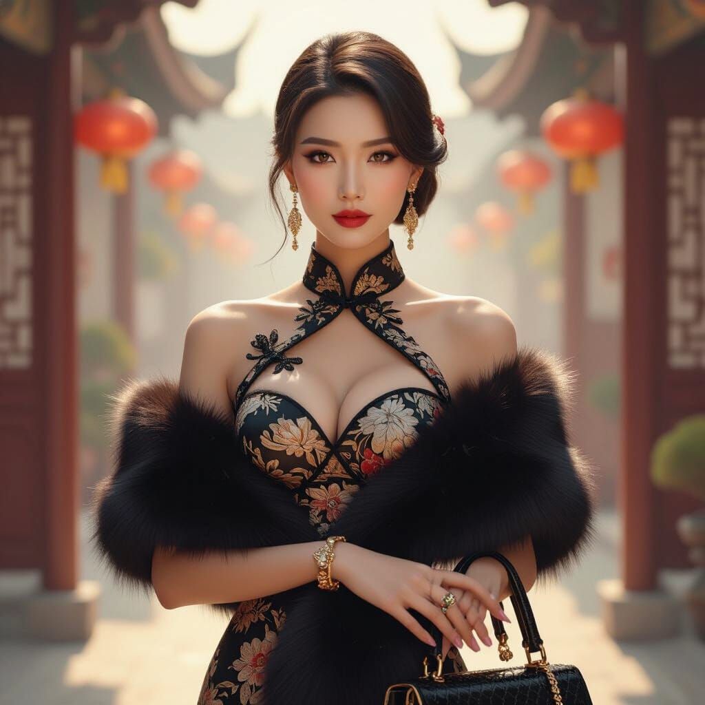 Elegant Woman in Qipao with Fur Handbag in 3D Art