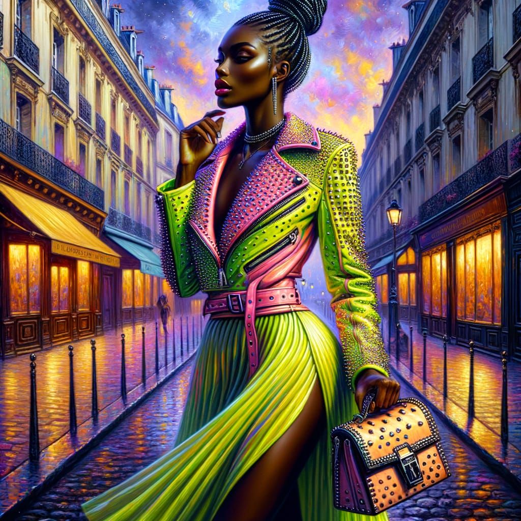 Neon Fashionista Strolling Parisian Boulevard