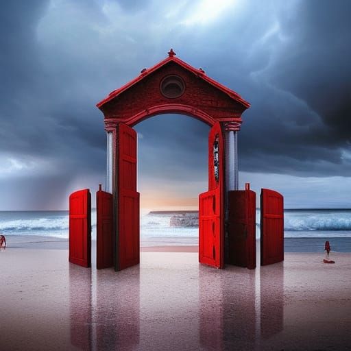 Red Door on Stormy Beach: Digital Matte Painting