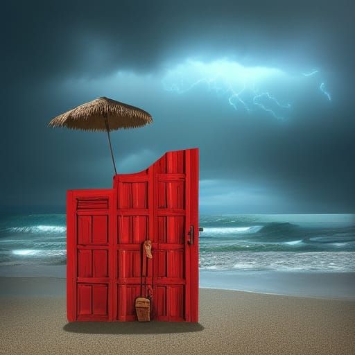 Red Door on Stormy Beach: Digital Matte Painting
