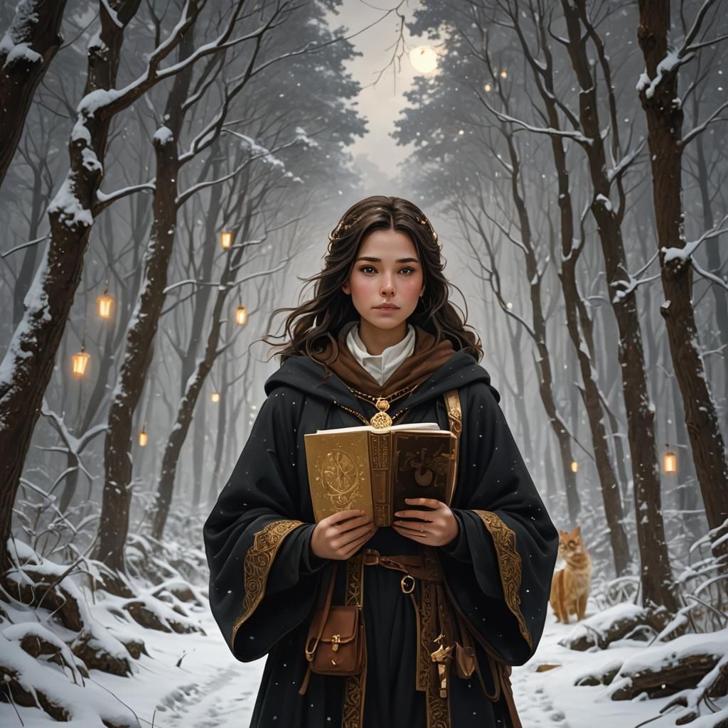 Girl with Cat in Snowy Forest: Fantasy Art