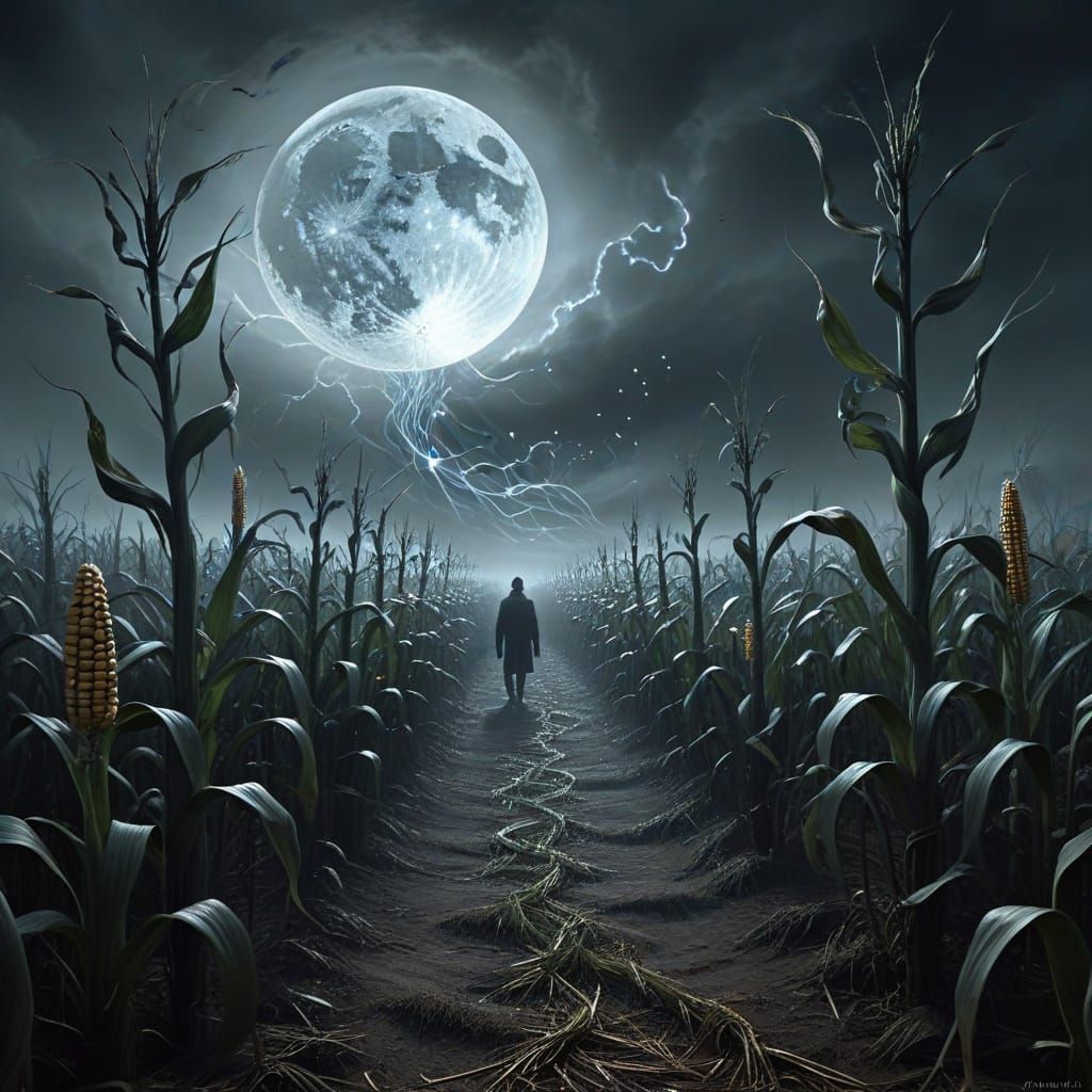 Eerie Corn Maze Haunted by Ghostly Figures in Digital Painti...