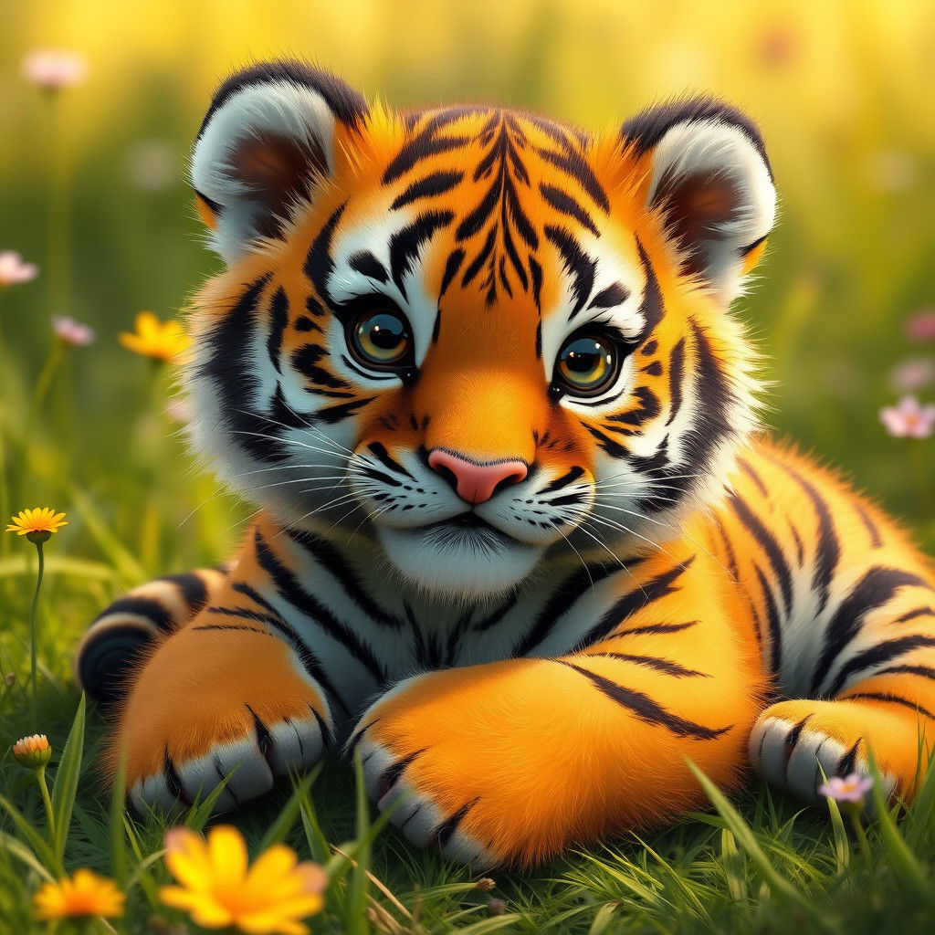 Whimsical Tiger Cub in Sunny Meadow
