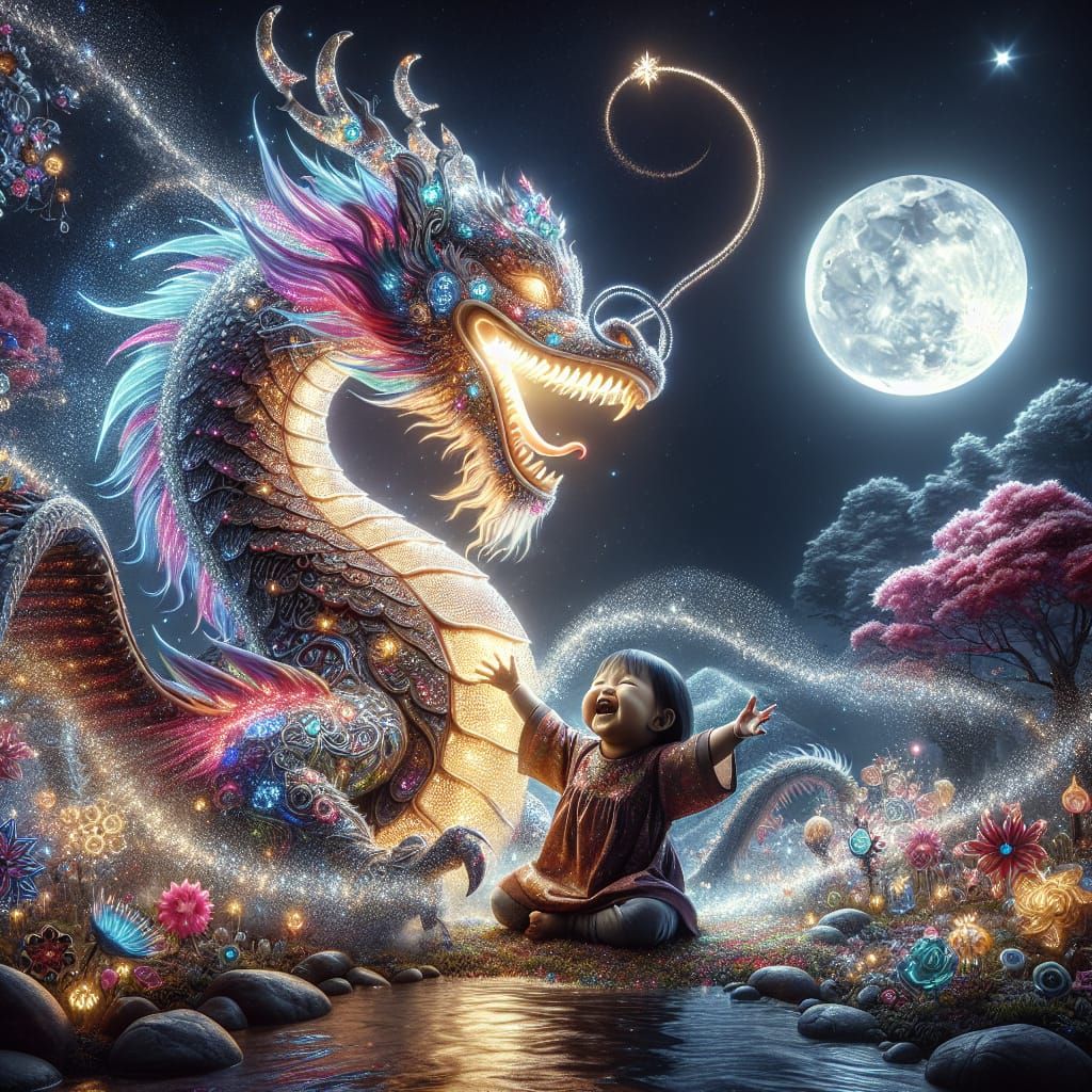 Dragon's Sparkling Embrace Under Starry Sky