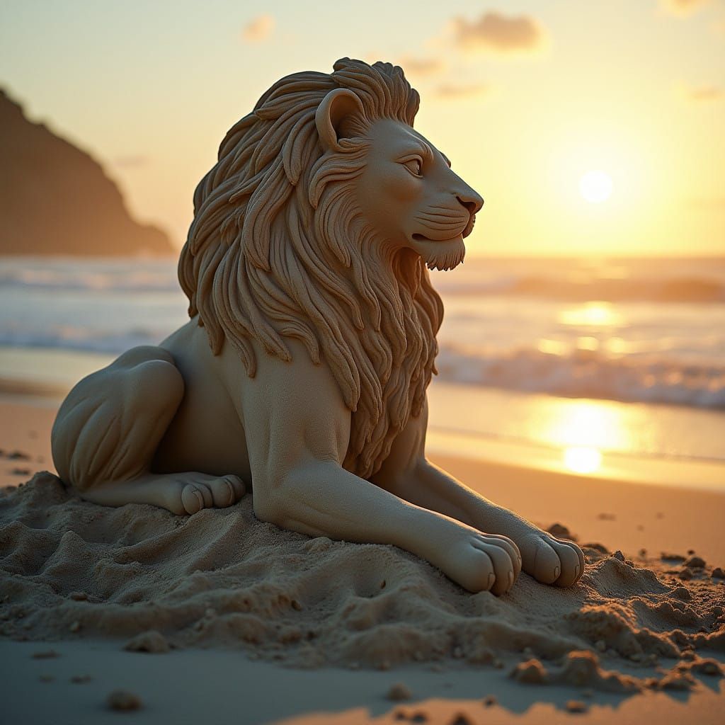 Majestic Lion Sand Sculpture in Golden Sunset Light