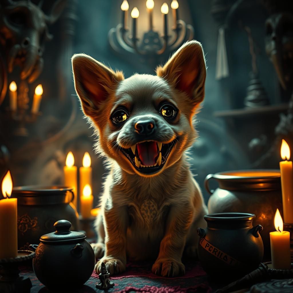 Gothic Puppy in Dimly Lit Witchcraft Lair