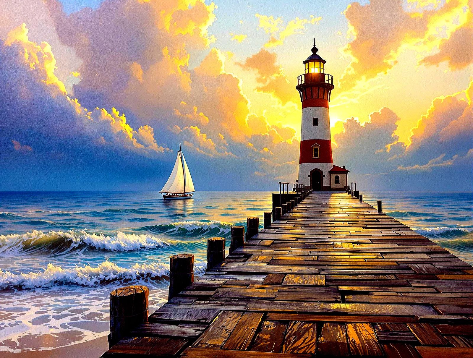 Vibrant Sunset at a Majestic Lighthouse in Photorealistic Oi...