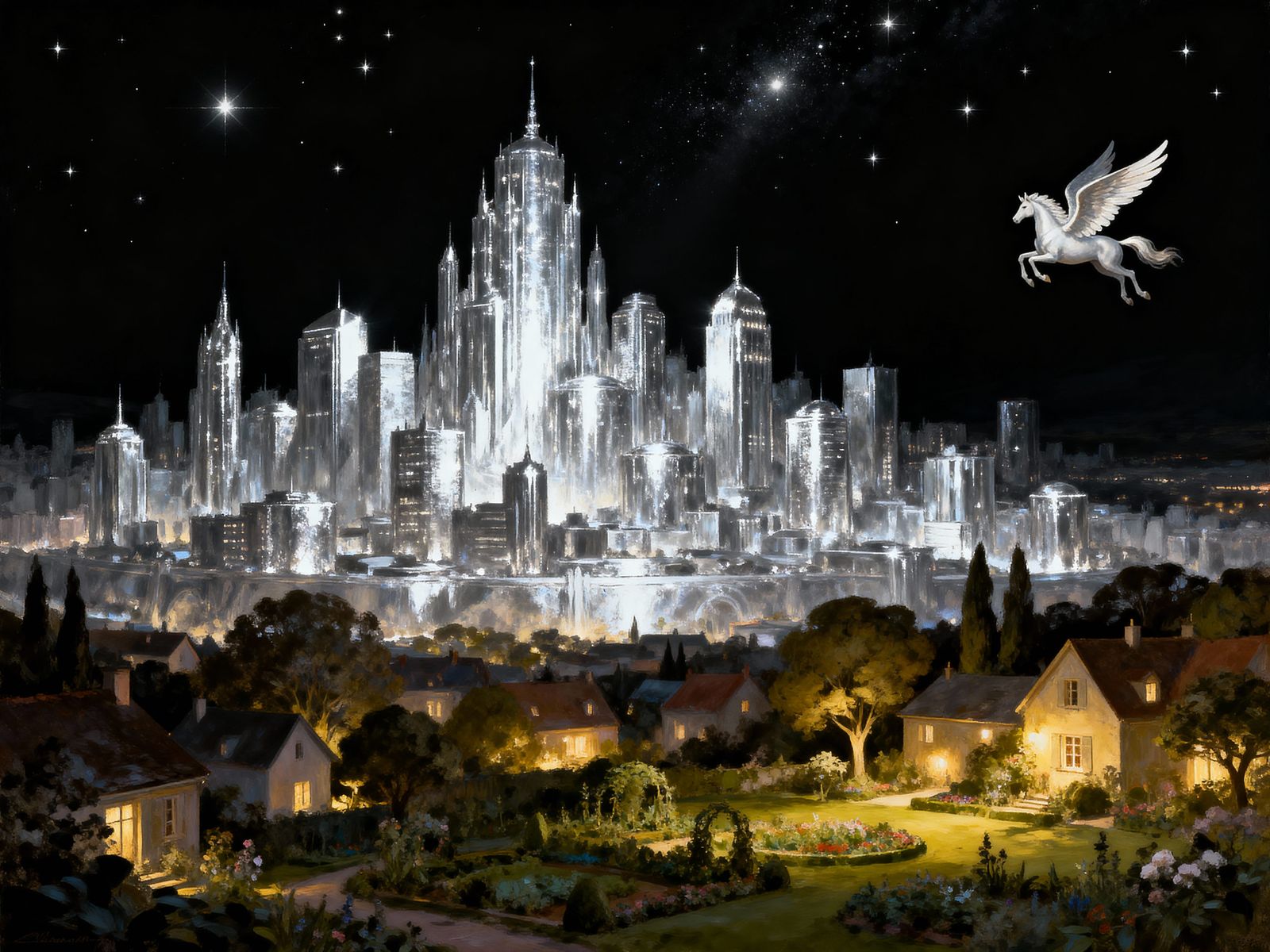 Glistening Silver City Under Lit Darkness and Stars