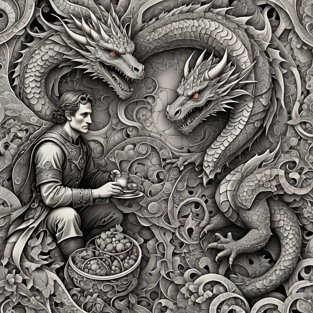 Siegfried and Dragon Lunch in Abstract Fractal Style