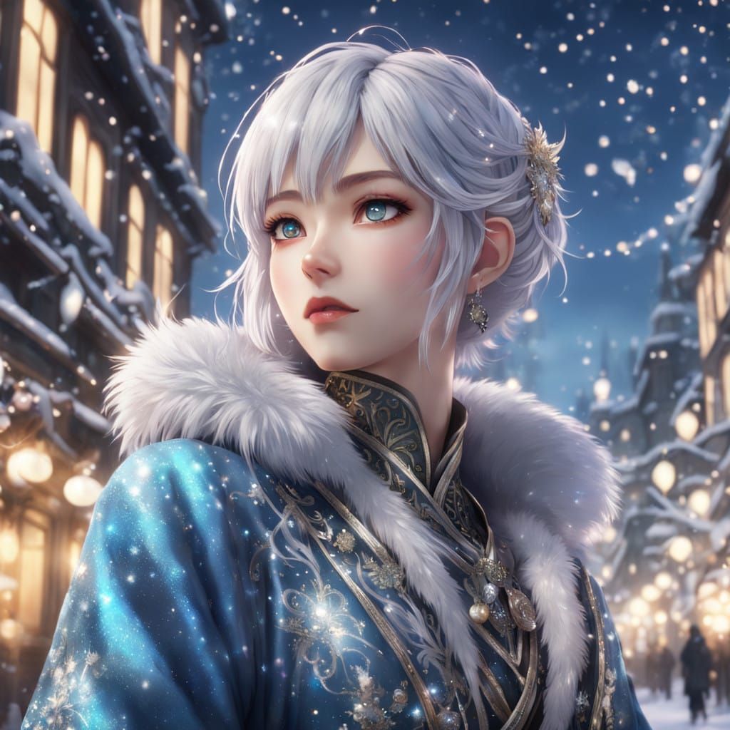 Surreal Anime Girl Admires Snowy City Lights