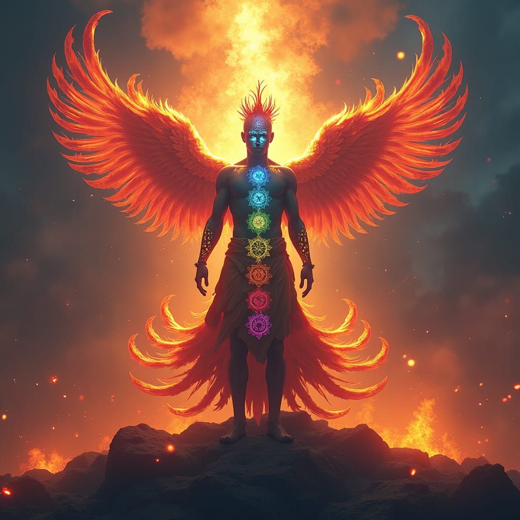 Chakra Man and Phoenix Silhouette in Fantasy Art