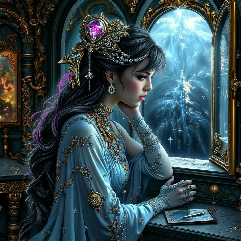 Girl in Starlight Robes Gazes from Gothic Window