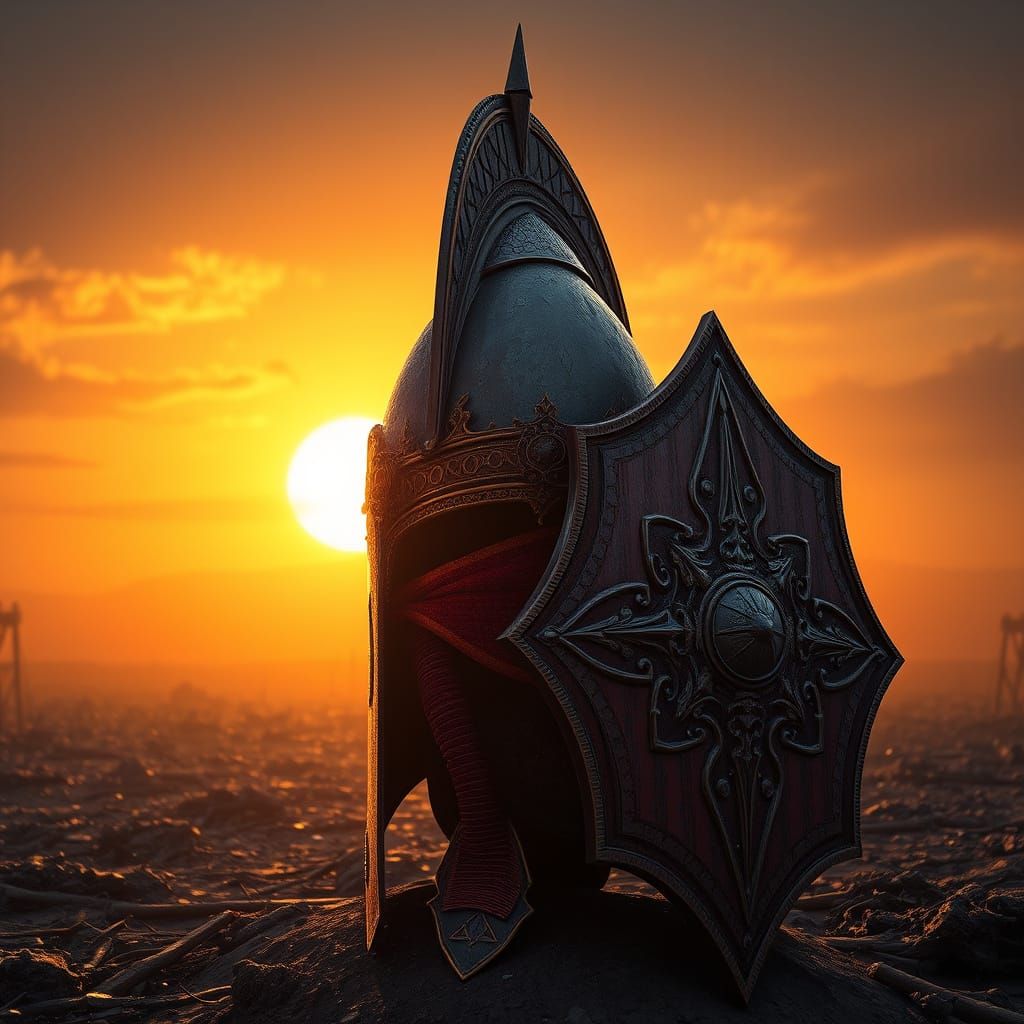 Ancient Gothic Warrior Emerges from Sunset Ruins