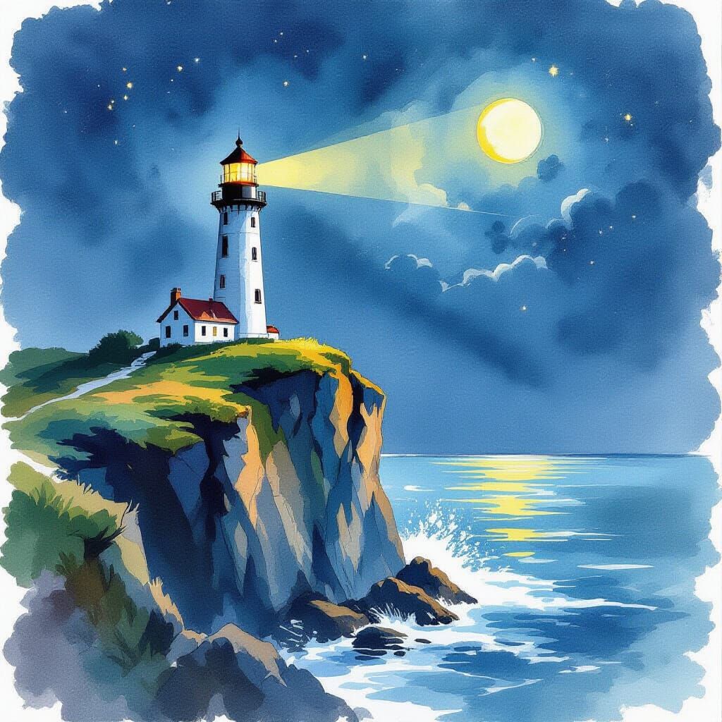 Lighthouse on Cliff at Night in Watercolor Gouache