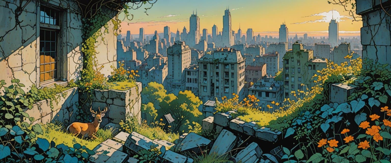 Overgrown City Ruins in Watercolor Comic Style