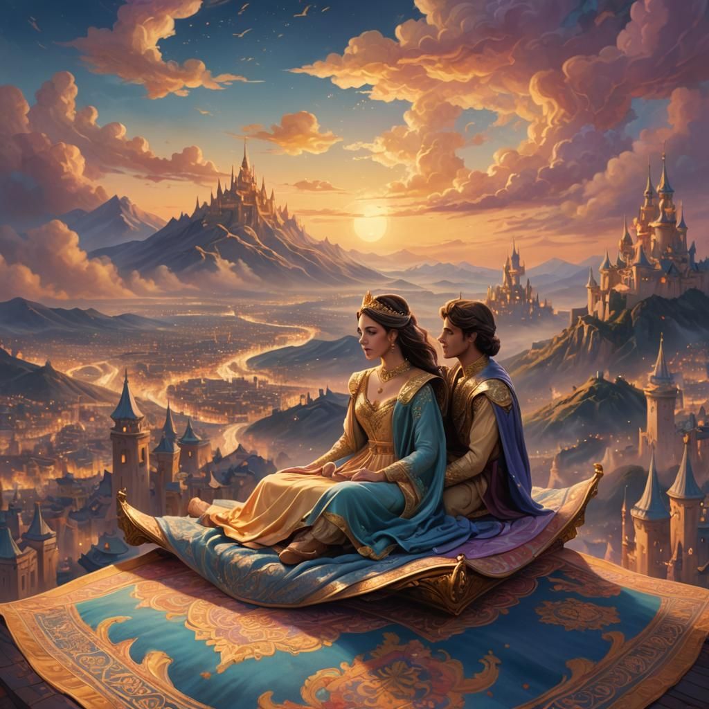 Magic Carpet Ride Over Twilight City: Digital Art