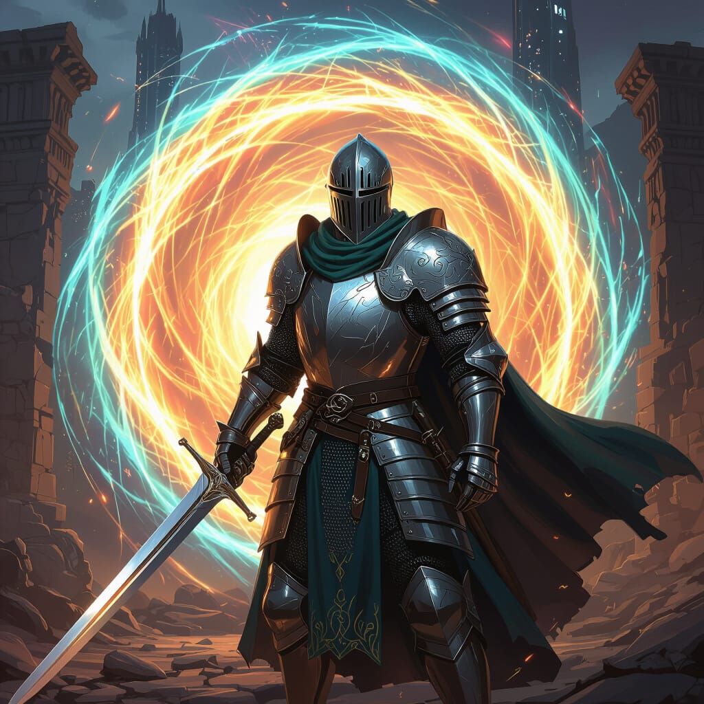Knight in Shining Armor Facing Time Vortex