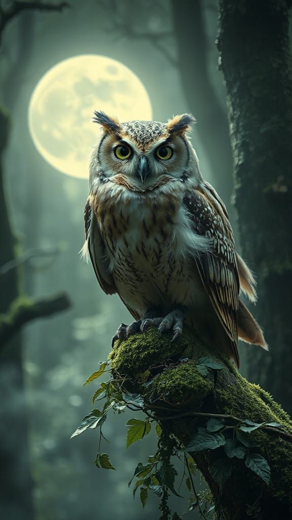 Majestic Owl on Robotic Arm in Ancient Forest
