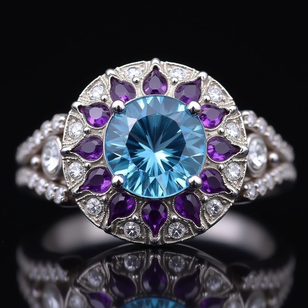 Art Deco Engagement Ring with Blue Diamond and Amethyst
