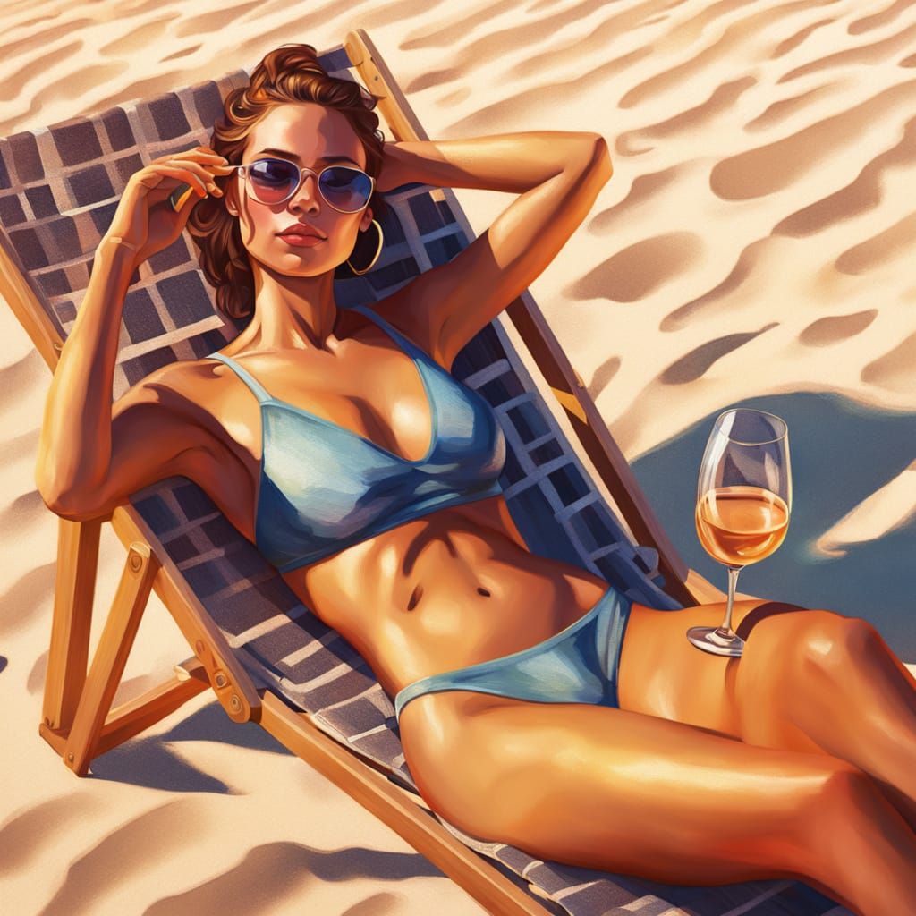 Young Woman Relaxes on Beach as Oil Painting