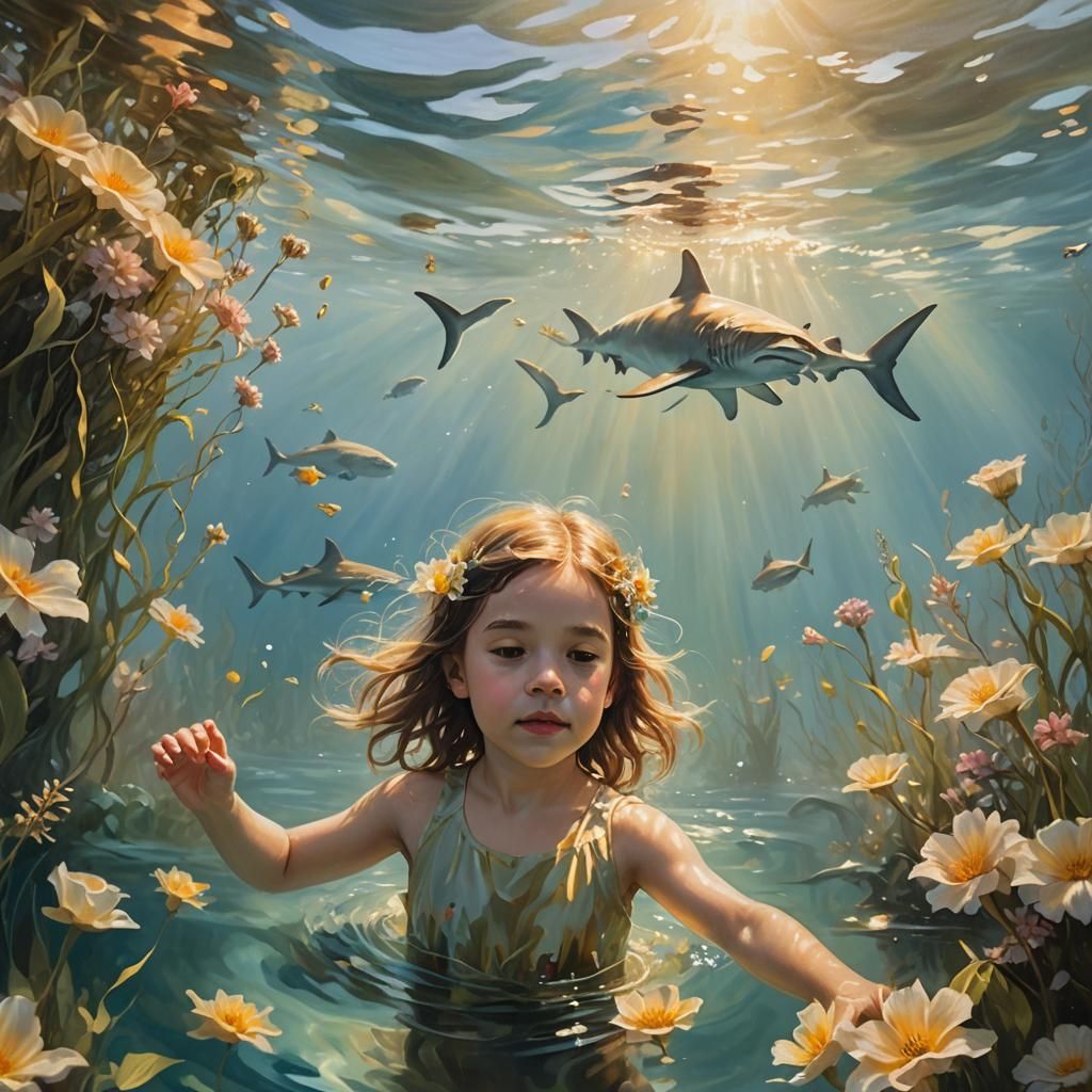 Girl Swimming with Shark in Dreamy Oil Painting