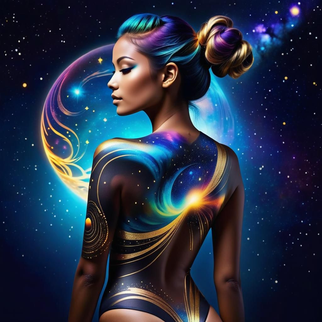 Luminous Woman with Cosmic Tattoo Art