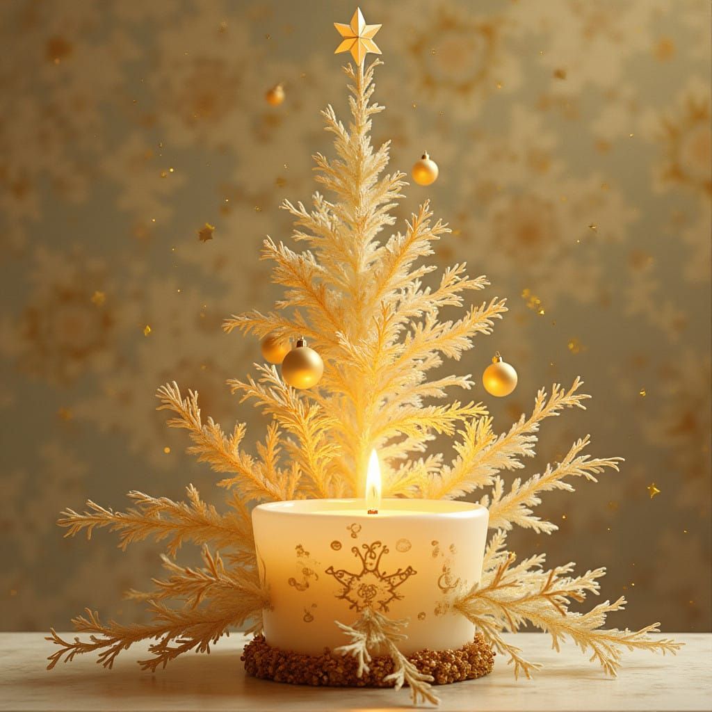Whimsical Christmas Tree on Vintage Candle in Pale Gold, cir...