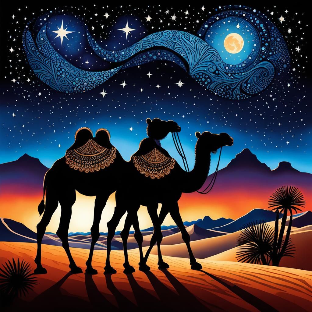 Camels in Starlit Desert: Zentangle Art Deco Style