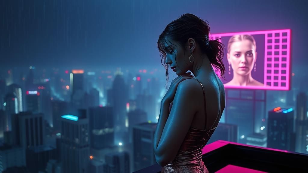 Cyberpunk Woman in Rain-Soaked Cityscape