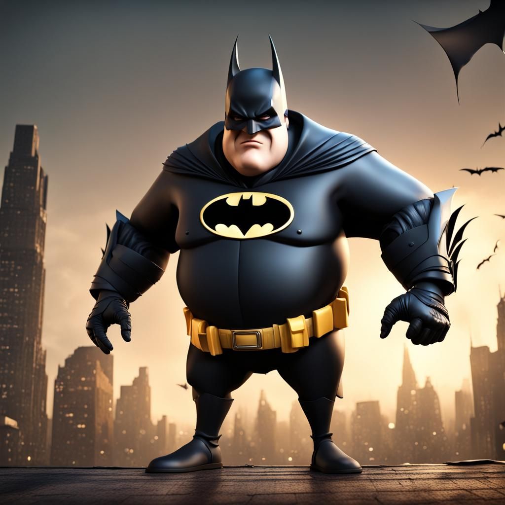 Fat Man Dancing in Batman Costume: Detailed Digital Art