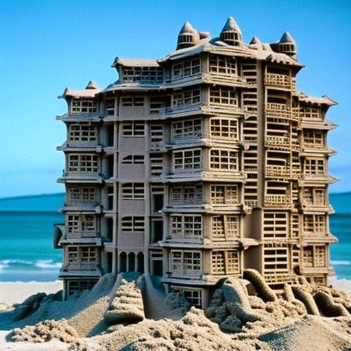 Sand Castle Replica of Dilapidated Condominium on Beach