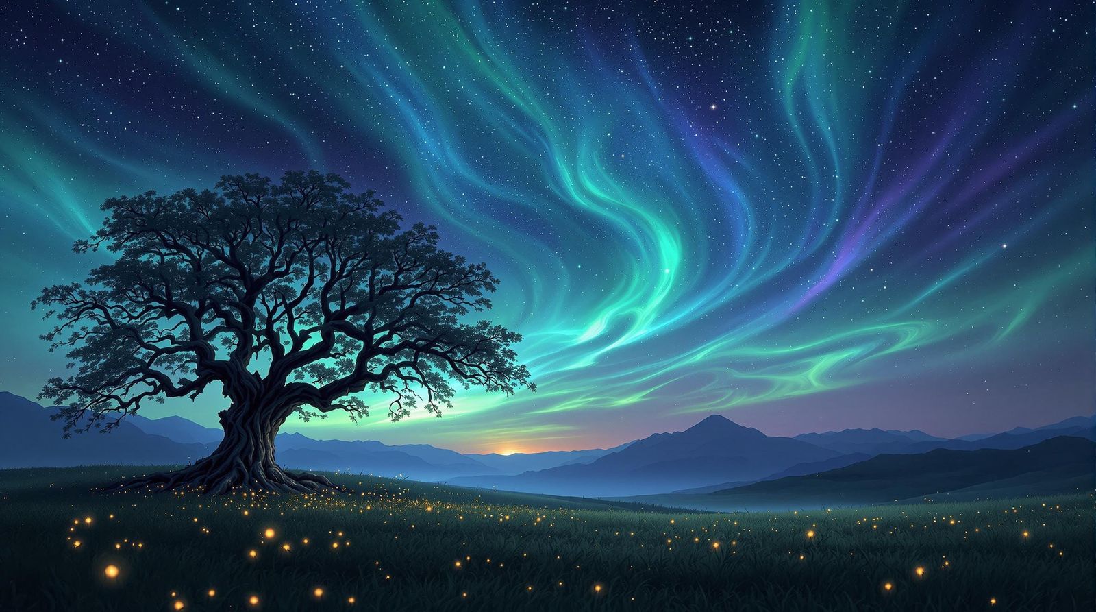 Twilight Sky with Ancient Tree and Fireflies