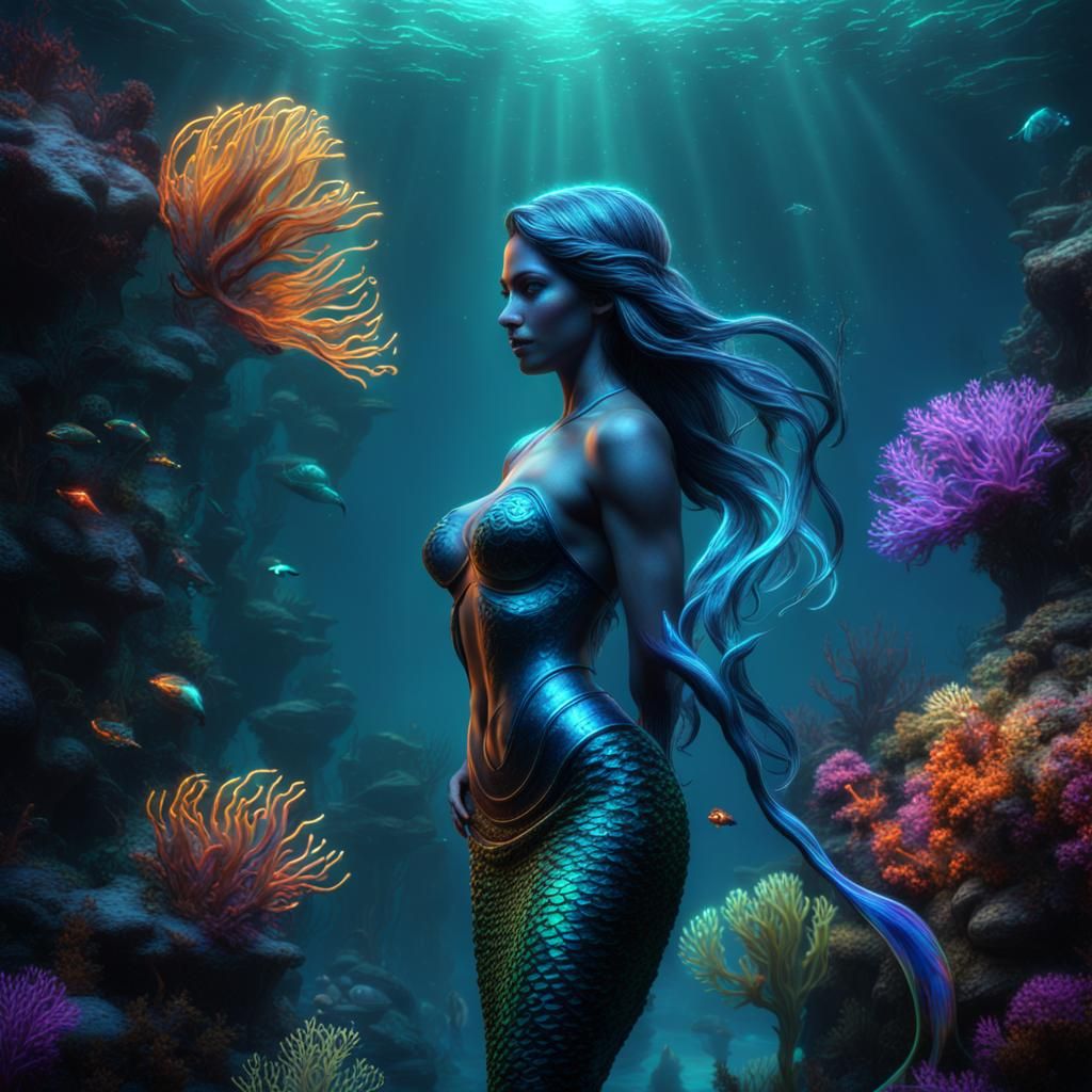 bioluminescence mermaid underwater.