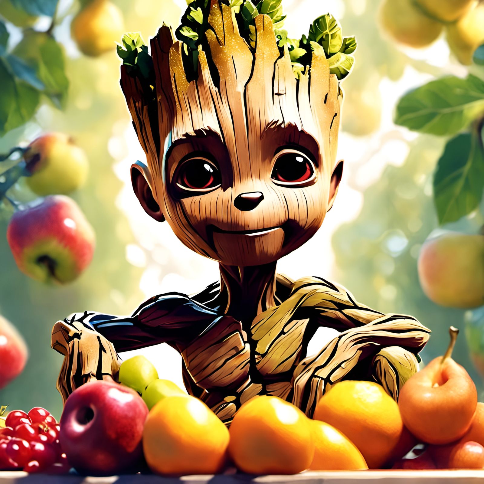 Groot Surrounded by Fruit, Digital Illustration