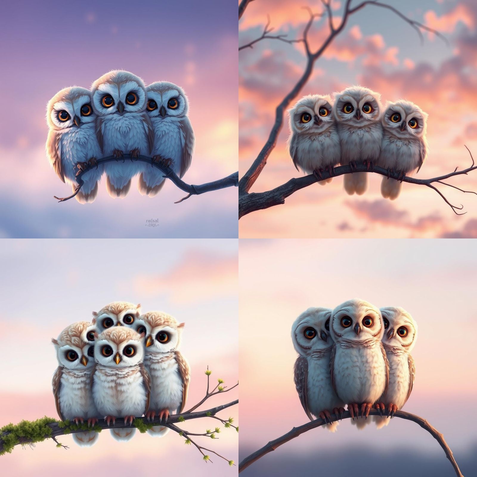Anime Style: Three Baby Owls at Twilight