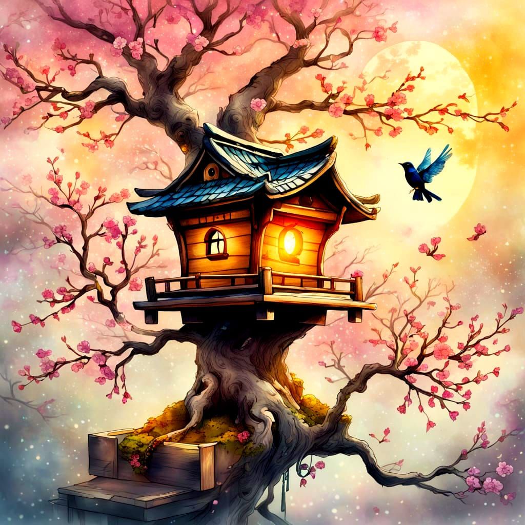 Magical Birdhouse in Bonsai Tree, Fantasy Art
