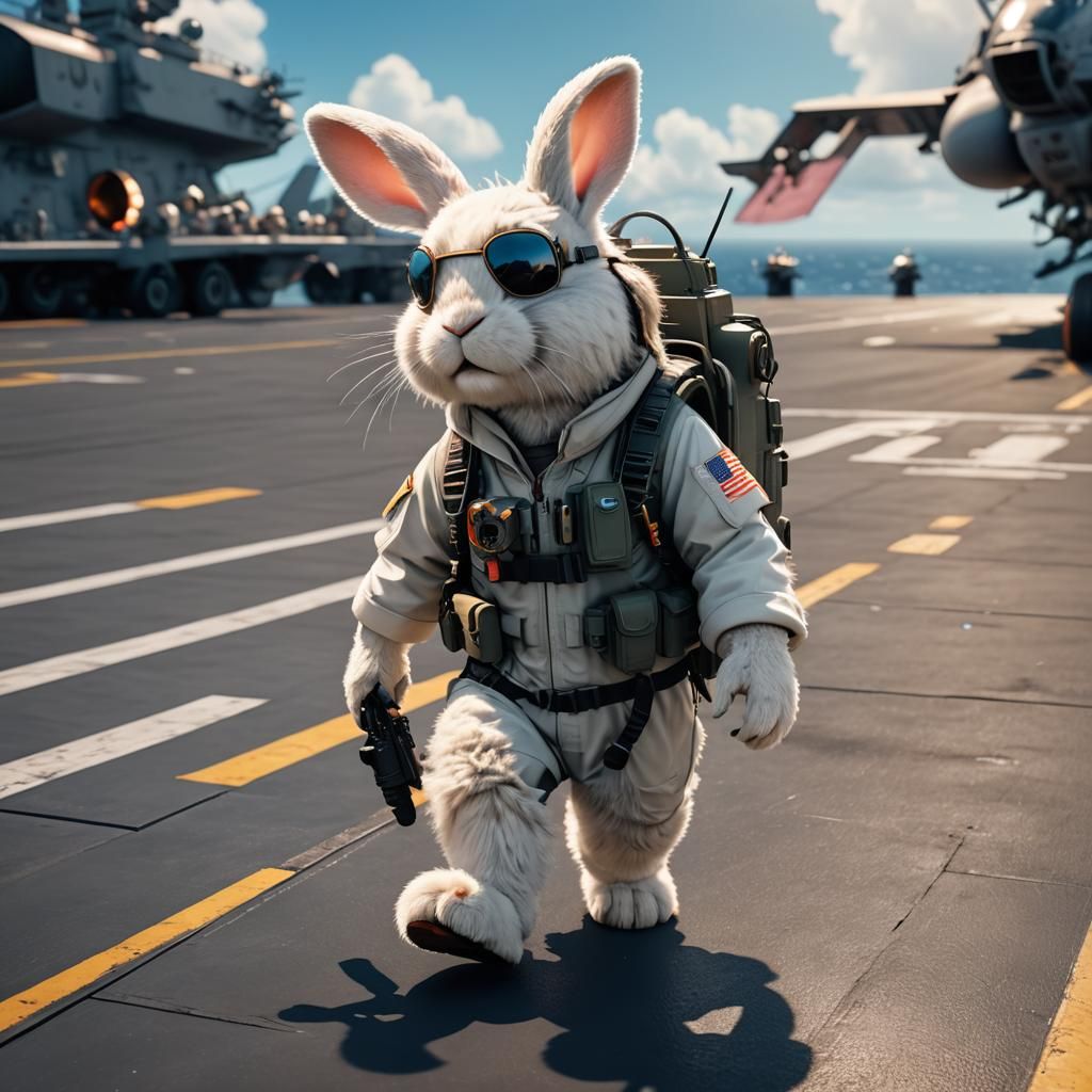 Rabbit Pilot on Aircraft Carrier: 3D Digital Art